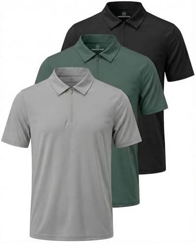 3 Pack Mens Dry Fit Polo Shirts Quarter Zip Short Sleeve Collared Tees Work by RealEssentials
