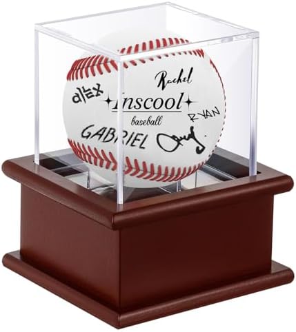 Baseball Display Case with Wooden Base Acrylic Cube by Inscool