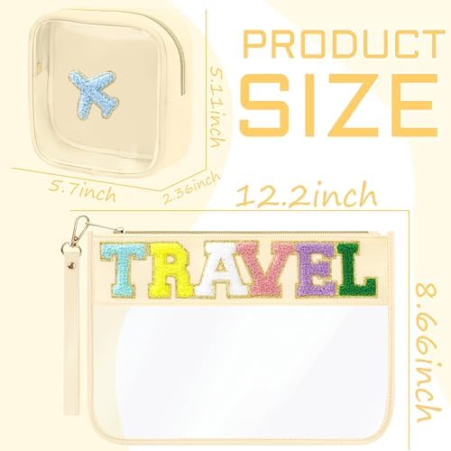 BuyCard 2 Pcs Chenille Letter Patch Clear Travel Bags, Preppy PVC&Nylon Makeup - Image 2