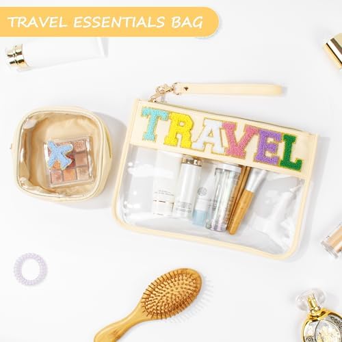 BuyCard 2 Pcs Chenille Letter Patch Clear Travel Bags, Preppy PVC&Nylon Makeup - Image 5