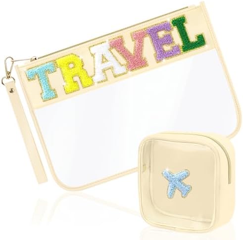 BuyCard 2 Pcs Chenille Letter Patch Clear Travel Bags, Preppy PVC&Nylon Makeup by BuyCard