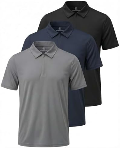 3 Pack Mens Dry Fit Polo Shirts Quarter Zip Short Sleeve Collared Tees Work by RealEssentials