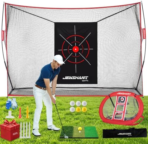10x7ft Golf Practice Net with Chipping Target, Foldable Mat, 8 Tees & 6 Balls – by JensHant