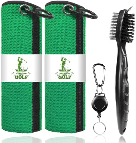2 Pack Golf Towels with Club Brush, Microfiber Waffle Cleaning Set by ATTRACTIVE