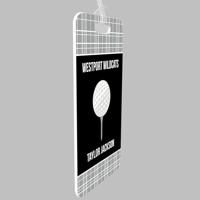 ChalkTalkSPORTS Golf Luggage & Bag Tag | Personalized Team with Golf Ball | Standard Lines on Back | Small | Gray/Black
