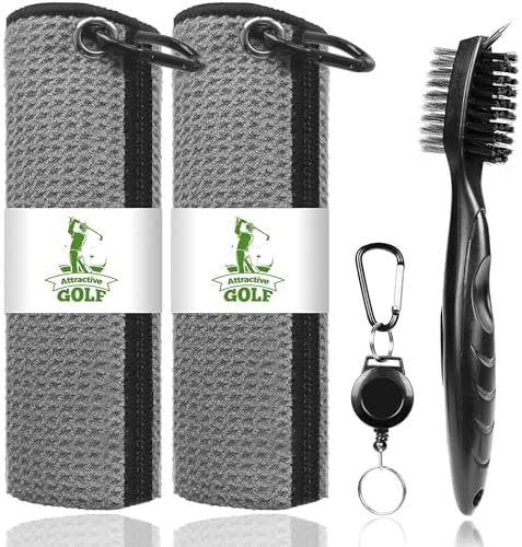 2 Pack Golf Towels with Club Brush, Microfiber Waffle Cleaning Set by ATTRACTIVE