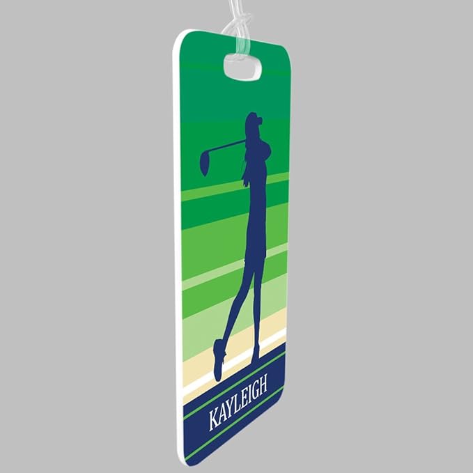 ChalkTalkSPORTS Golf Luggage & Bag Tag | Personalized Female Golfer | Standard Lines on Back | Small | Green