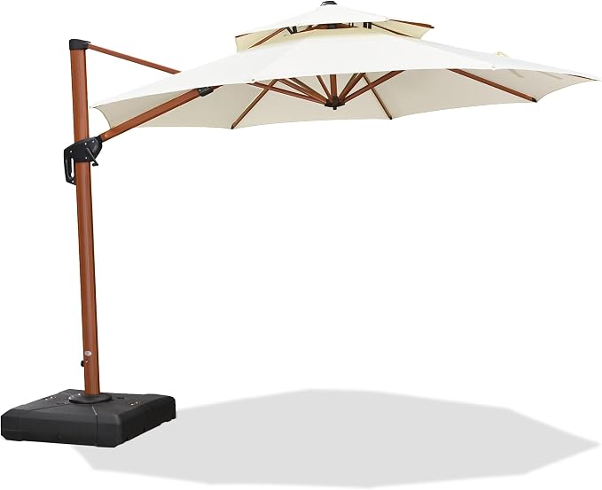 PURPLE LEAF Patio Cantilever Umbrella 10ft Wood-Grain Finish, Cream | Foot by PURPLELEAF
