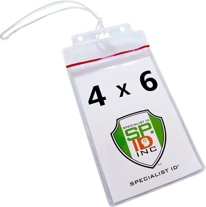 5 Pack - Extra Large Luggage Tags - Clear 4x6 Heavy Duty Cruise Ship I'd Tag/Golf Bag Travel Document Holder w/ 9" Plastic Loop - Waterproof Immunization Card Zip Pouch for Backpack by Specialist ID