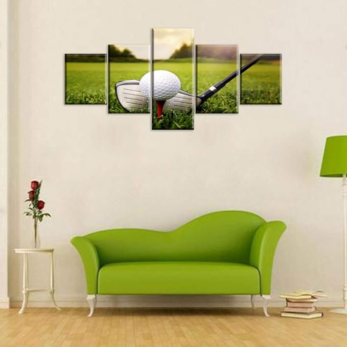 Golf Field Wall Art Green Grass Paintings Giclee Multi Panels Canvas Pictures for Living Room HD Prints Man Cave Signs and Decor Sunset Artwork Framed Stretched Ready to Hang Gift(50''W x 24''H)