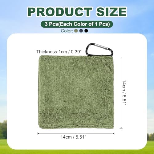 3Pcs Golf Ball Towel 5.5"x5.5" w/D Clip Army Green/Navy Blue/Black - Image 2