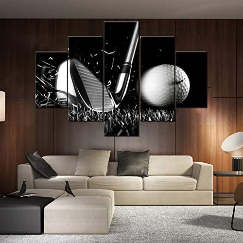 Black and White Paintings Golf Pictures 5 Panel Canvas Golf Ball Wall Art for Living Room Golfing Sport Artwork Contemporary Home Decor Giclee Framed Ready to Hang Posters and Prints(60''Wx40''H)