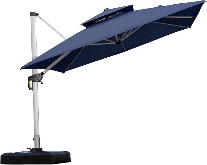 PURPLE LEAF Cantilever Outdoor Umbrella 9' x 9' Square Double Top Navy Blue | by PURPLELEAF