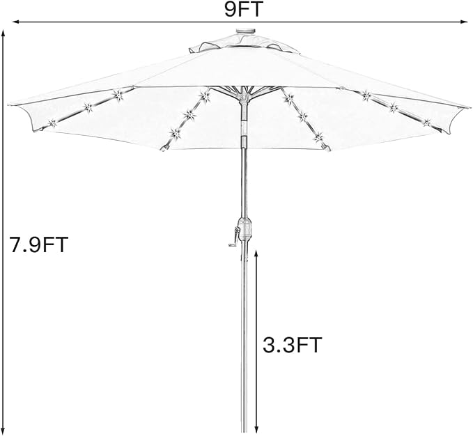 Sunnyglade 9' Solar LED Patio Umbrella, 8 Ribs, Tilt & Crank | 9Ft Patio - Image 7