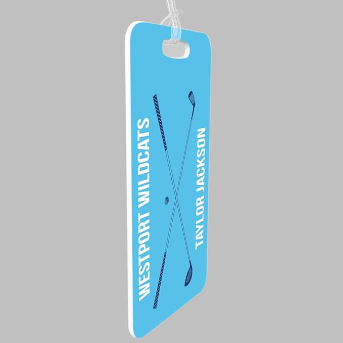 ChalkTalkSPORTS Golf Luggage & Bag Tag | Personalized Crossed Golf Clubs | Standard Lines on Back | Large | Carolina/Navy