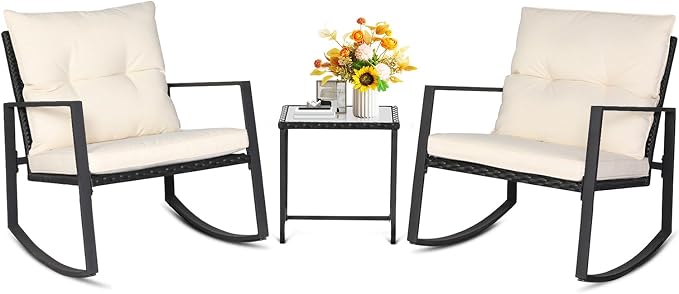 SUNCROWN 3 Piece Outdoor Rocking Bistro Set Black Wicker Furniture Porch Chairs by HOME