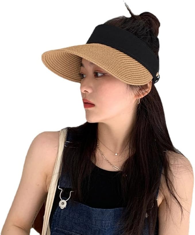 Women Straw Sun Visor Hat Wide Brim Summer UV Protection Beach Cap Foldable Packale Korean Style
