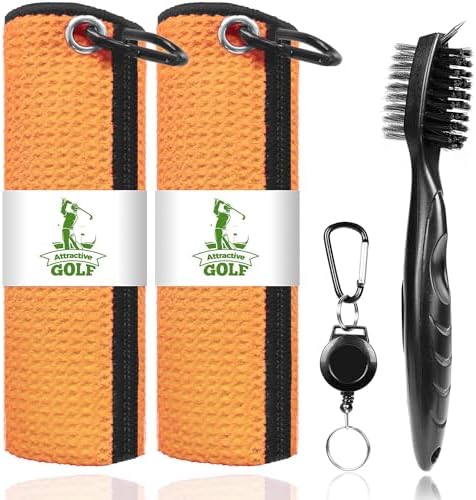2 Pack Golf Towels with Club Brush, Microfiber Waffle Cleaning Set by ATTRACTIVE