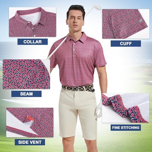 Mens Golf Shirt Short Sleeve Dry Fit Print Moisture Wicking Performance - Image 4