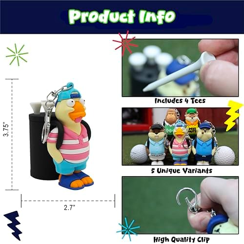Golf Tee Holder Keychain with Funny Golfer Character, Includes 4 Tees & Clip - Image 2