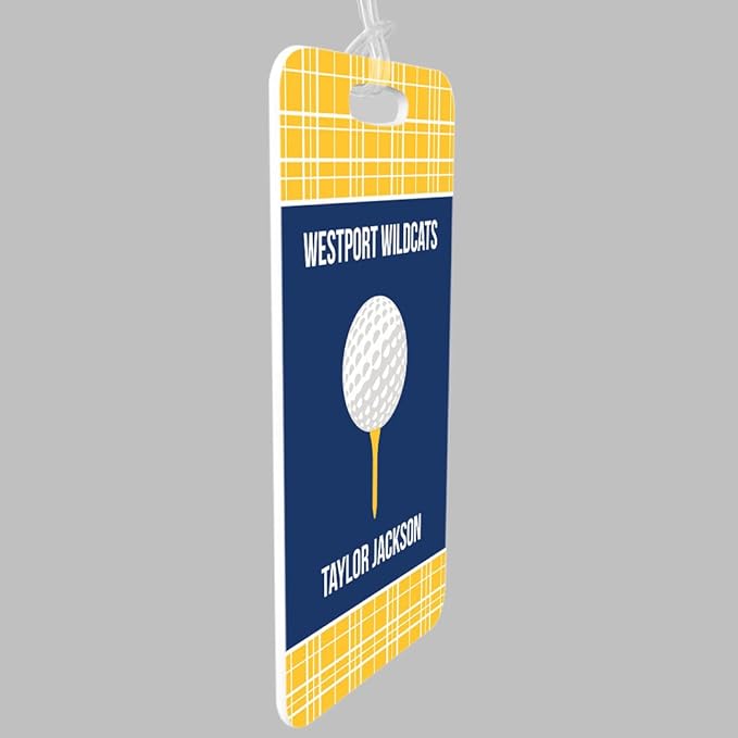 ChalkTalkSPORTS Golf Luggage & Bag Tag | Personalized Team with Golf Ball | Standard Lines on Back | Medium | Gold/Navy