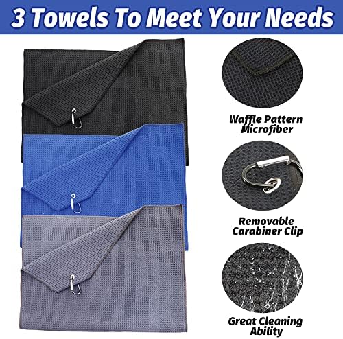 Golf Towel Set - 3 Microfiber Waffle Pattern Golf Towels & Club Brush & Divot - Image 3