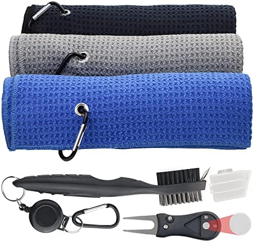 Golf Towel Set - 3 Microfiber Waffle Pattern Golf Towels & Club Brush & Divot by THEGOLFERSTORE