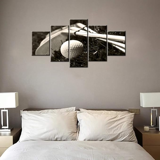 Golfing Art for Walls Black and White Pictures Golf Club in Meadow Paintings for Living Room 5 Panel Prints on Canvas Meadow Artwork Giclee House Decor Stretched and Framed Ready to Hang(60''Wx32''H)