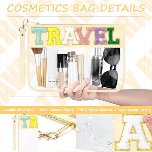 BuyCard 2 Pcs Chenille Letter Patch Clear Travel Bags, Preppy PVC&Nylon Makeup - Image 3