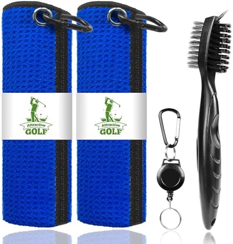2 Pack Golf Towels with Club Brush, Microfiber Waffle Cleaning Set by ATTRACTIVE