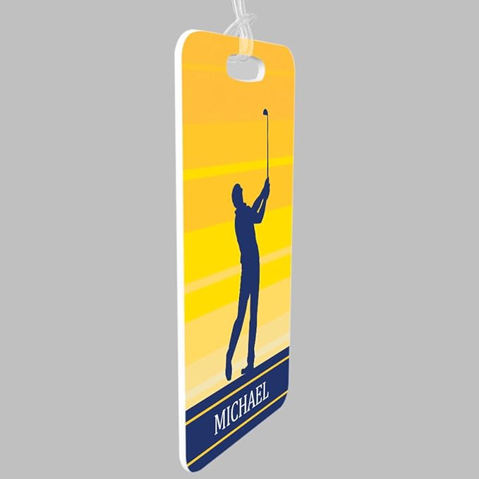 ChalkTalkSPORTS Golf Luggage & Bag Tag | Personalized Male Golfer | Standard Lines on Back | Medium | Yellow