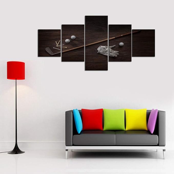 Black and White Wall Art for Living Room Golf Equipment Pictures Golfing Club Painting 5 Panel Canvas Artwork Modern House Decoration Giclee Framed Ready to Hang Posters and Prints Gift(50''Wx24''H)