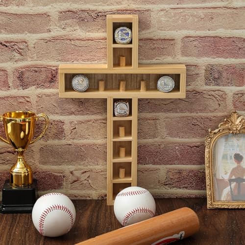Teenyyou Championship Ring Display Case, 12 Posts, Natural Wood Wall Mount - Image 4