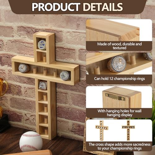 Teenyyou Championship Ring Display Case, 12 Posts, Natural Wood Wall Mount - Image 3