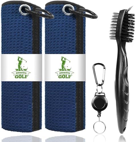 2 Pack Golf Towels with Club Brush, Microfiber Waffle Cleaning Set by ATTRACTIVE