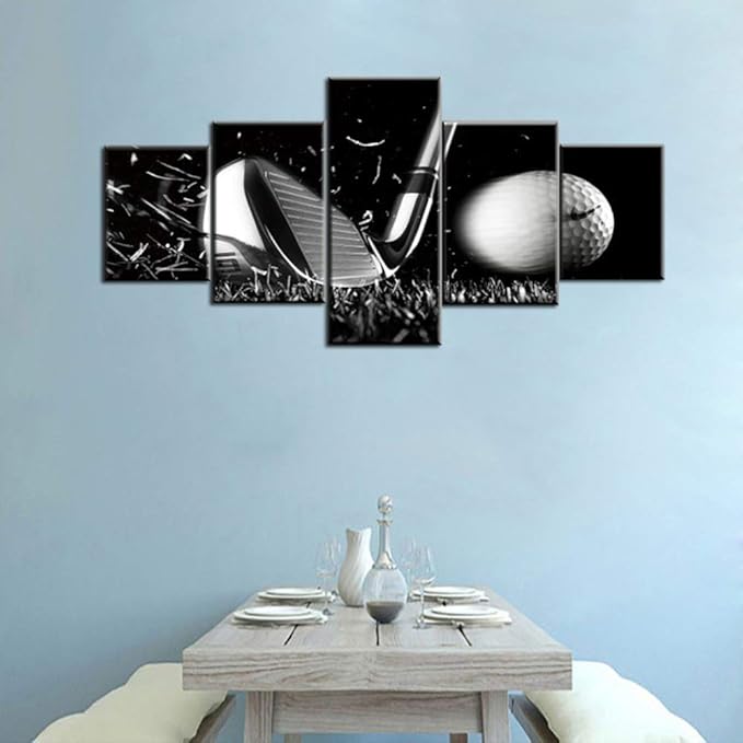 Golf Course Pictures White and Black Wall Art Golf Ball Paintings Multi Panel Printed on Canvas Landscape Artwork Modern Home Decoration Giclee Wooden Framed Gallery-Wrapped Ready to Hang(50''Wx24''H)