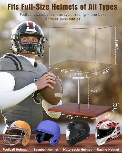 Fitense Full Size Helmet Display Case High Clear Acrylic Wooden Base - Image 2