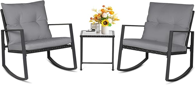 SUNCROWN 3 Piece Outdoor Rocking Bistro Set Black Wicker Furniture Porch Chairs by HOME