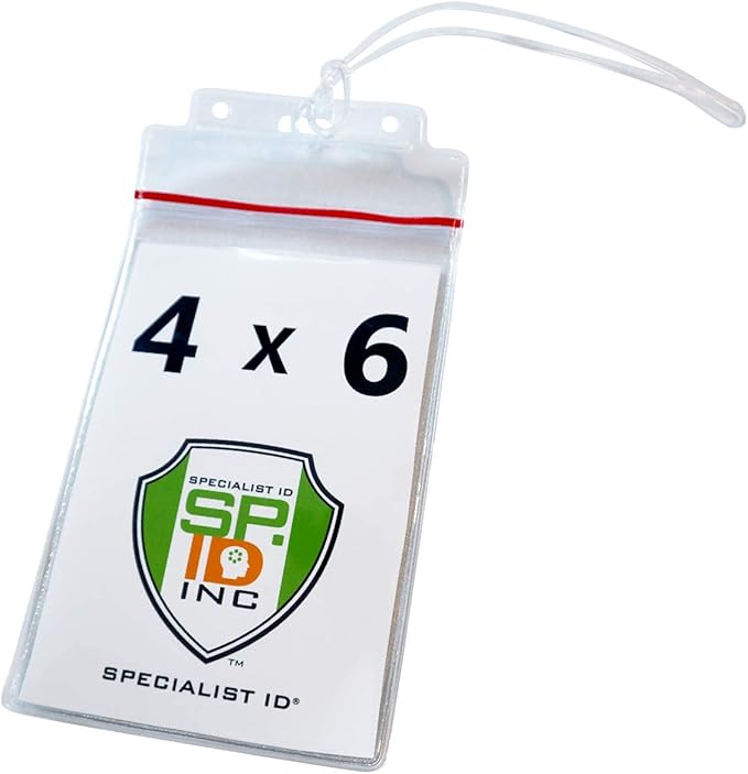 2 Pack - Extra Large Luggage Tags - Clear 4x6 Heavy Duty Cruise Ship I'd Tag/Golf Bag Travel Document Holder w 9" Plastic Loop - Waterproof Immunization Card Zip Pouch for Backpack by Specialist ID