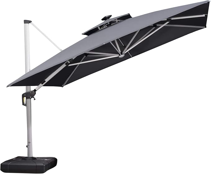 PURPLE LEAF Cantilever Umbrella 11'X11' Double Top Solar LED Light, Stays bright by PURPLELEAF