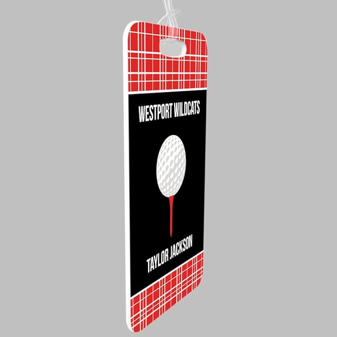 ChalkTalkSPORTS Golf Luggage & Bag Tag | Personalized Team with Golf Ball | Standard Lines on Back | Small | Red/Black
