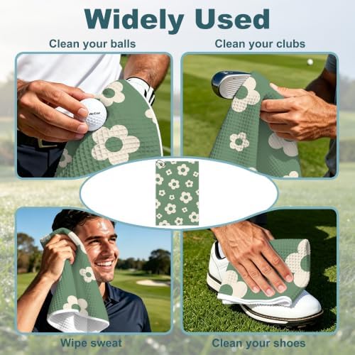 Green Floral Waffle Weave Microfiber Golf Towel - Image 4