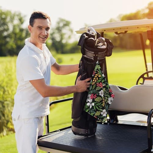 Tropical Floral Golf Towel, Hawaiian Botanical Flower Printed Golf Towel - Image 2