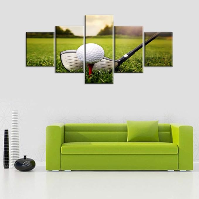 Golf Field Wall Art Green Grass Paintings Giclee Multi Panels Canvas Pictures for Living Room HD Prints Man Cave Signs and Decor Sunset Artwork Framed Stretched Ready to Hang Gift(50''W x 24''H)