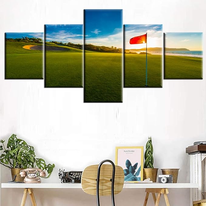 Golf Course Paintings Green Fairway Wall Art 5 Panel Printed on Canvas for Living Room Golfing Sport Pictures Contemporary Artwork Modern Home Decor Giclee Framed Stretched Ready to Hang(50''Wx24''H)