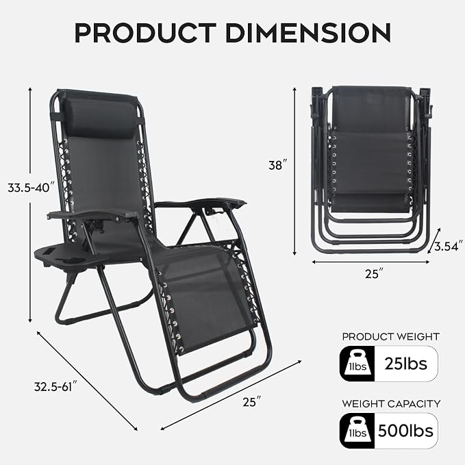 Set of 2 Adjustable Zero Gravity Lounge Chairs Outdoor Recliner w/Cup Holder - Image 3