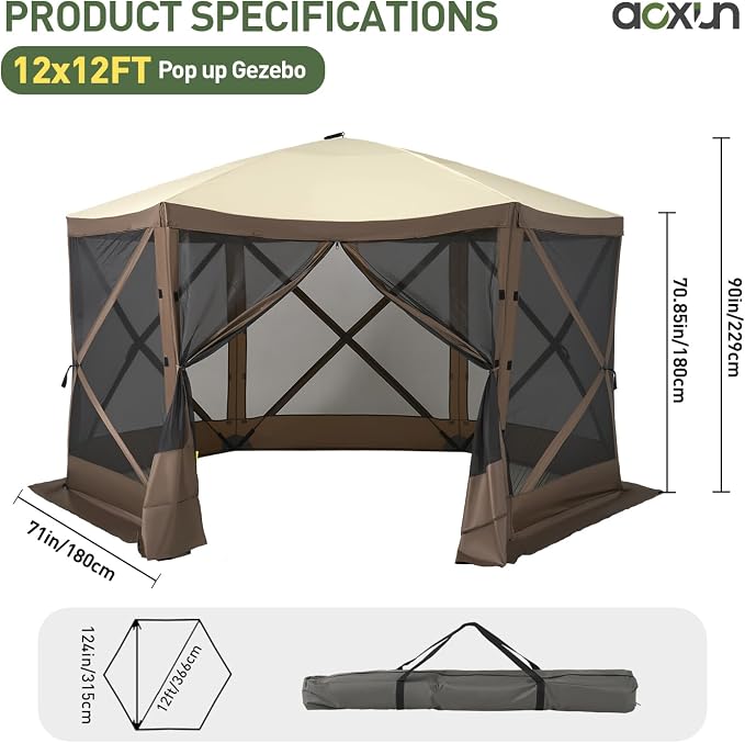 Aoxun 12x12ft Pop Up Canopy Tent, Camping Gazebo Screen Tent, Mesh Windows - Image 7
