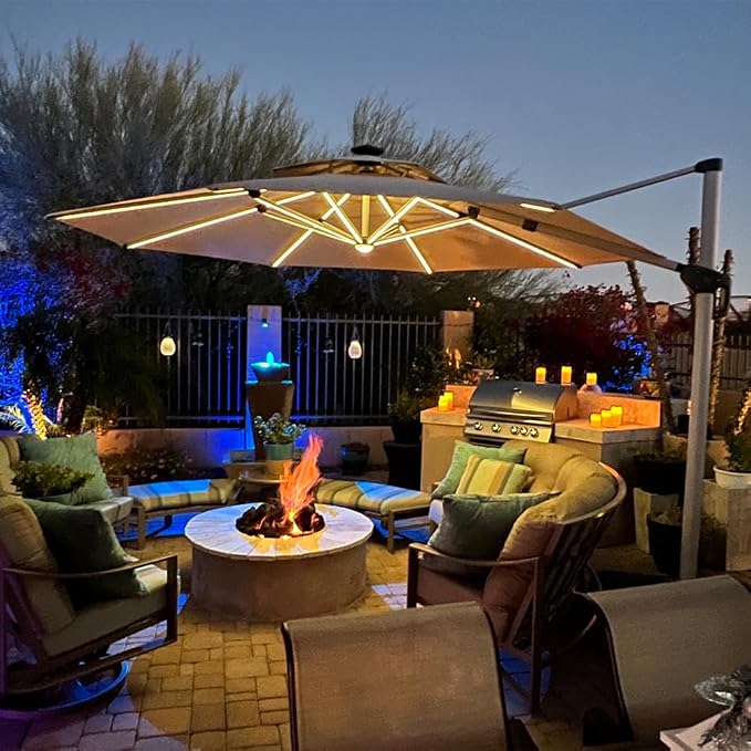 PURPLE LEAF Cantilever Umbrella 12ft Solar LED Light Double Top, Support to - Image 2