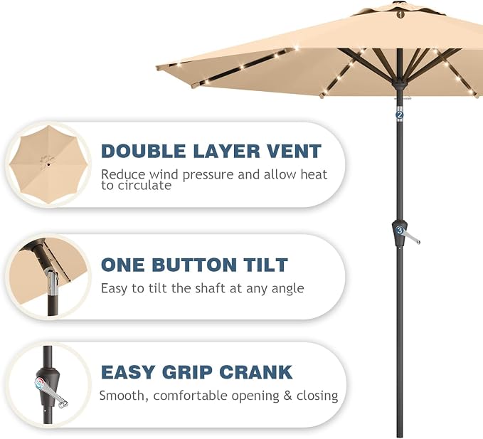 9FT Patio Umbrella with Solar Lights, Outdoor Market Umbrella with Tilt and - Image 4