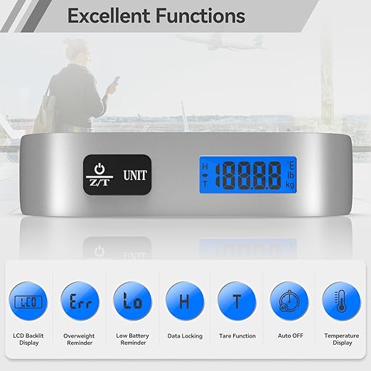 Luggage Scale Dr.meter Travel Essentials Luggage Weight Scale Backlight LCD Display 110lb/50kg Electronic Balance Digital Postal Travel Accessories with Rubber Paint Handle Temperature Sensor Silver